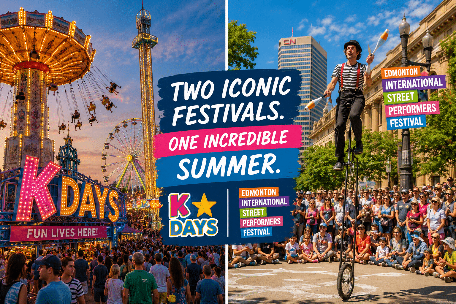 Split image showcasing two of Edmonton's most popular summer festivals: K-Days featuring carnival rides, midway lights, and crowds enjoying the fair, alongside the Edmonton International Street Performers Festival with a performer entertaining spectators in downtown Edmonton under sunny blue skies.