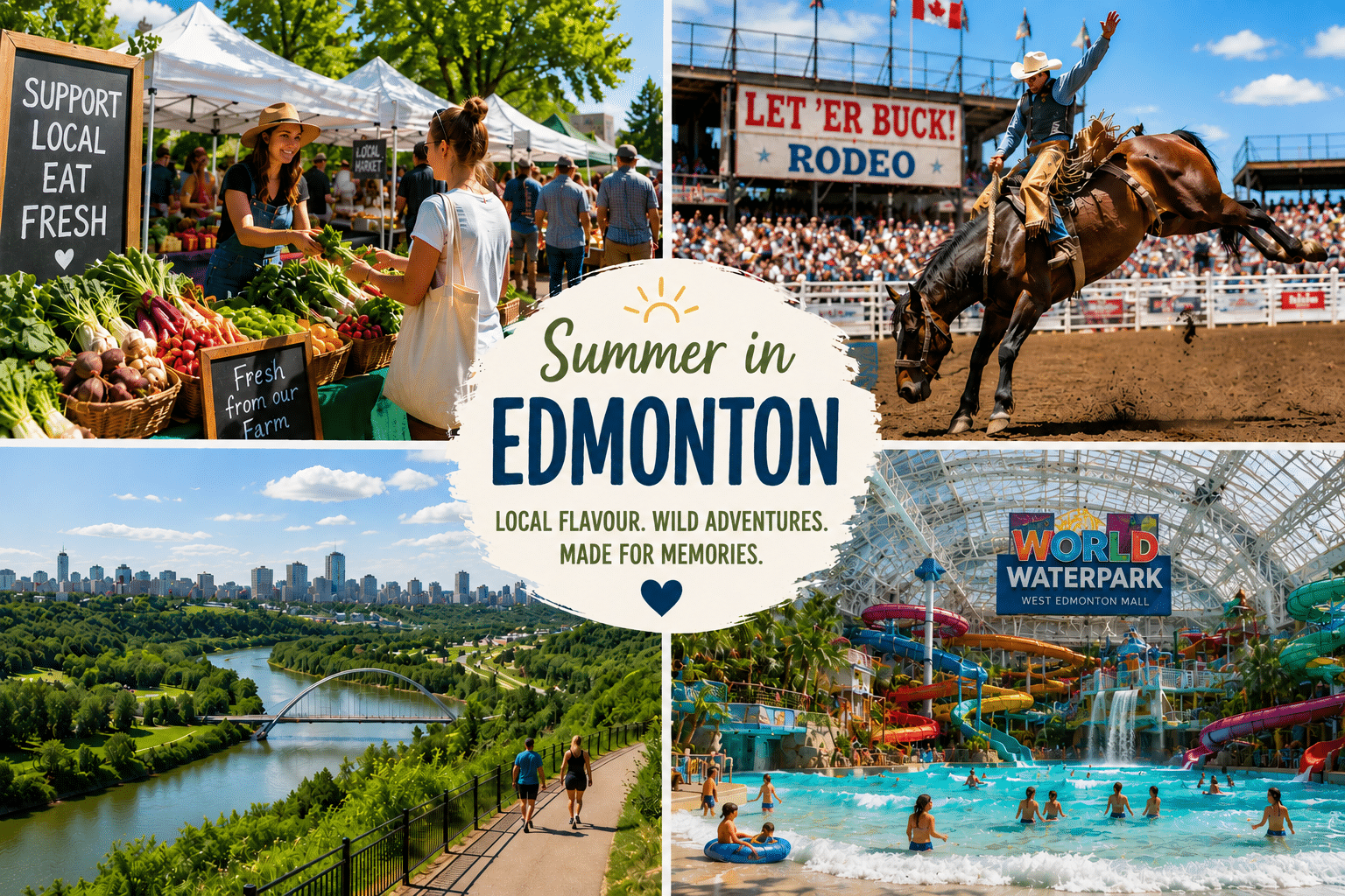 Collage showcasing summer activities in Edmonton, Alberta, including a vibrant farmers market with fresh local produce, a rodeo rider in competition, scenic views of the North Saskatchewan River Valley, and families enjoying World Waterpark at West Edmonton Mall.
