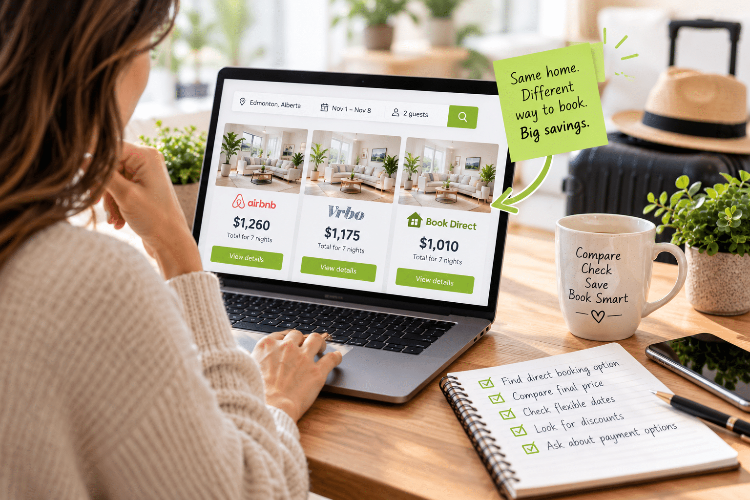 Traveller comparing Airbnb, Vrbo and direct booking prices online to save money on a furnished rental.