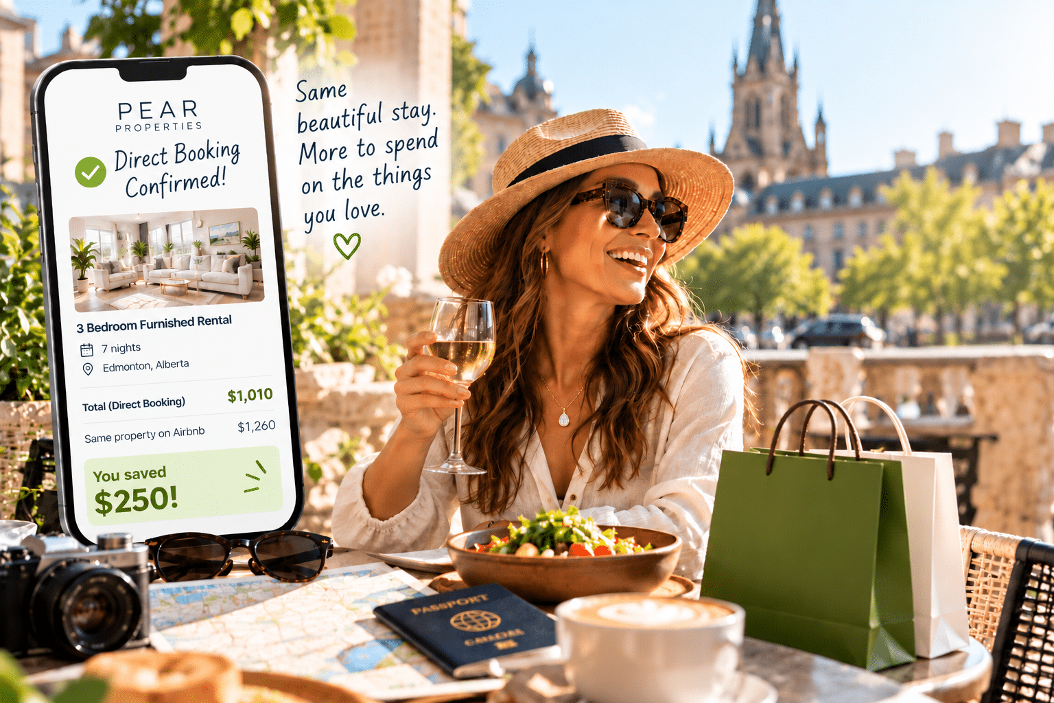 Traveller enjoying her trip after saving $250 by booking a furnished rental directly with Pear Properties instead of through an online booking platform.