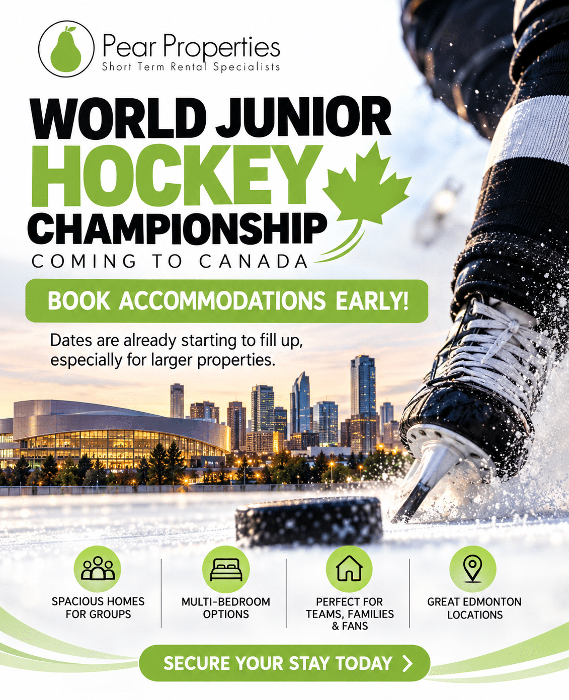 2027 World Junior Hockey Championship Edmonton accommodations promotion by Pear Properties, featuring a hockey player, Edmonton skyline, Rogers Place, and spacious furnished rental options for families, teams, and groups. Book early for December 26, 2026, to January 5, 2027.