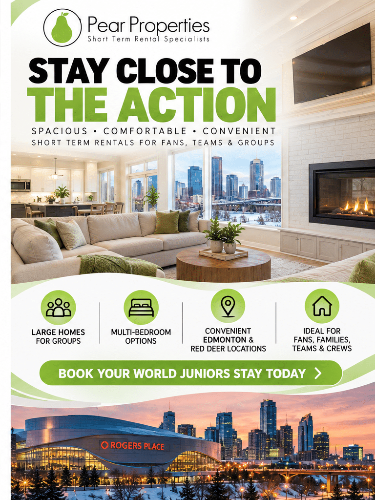 Pear Properties furnished rental accommodations for the 2027 World Junior Hockey Championship in Edmonton, Alberta. Promotional graphic featuring a spacious modern living room, multiple-bedroom rental options, Rogers Place, and the Edmonton skyline, encouraging hockey fans and families to book early.